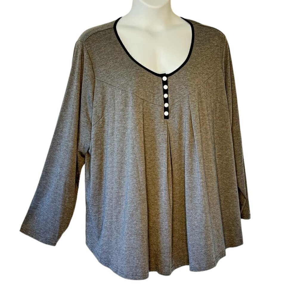 NORACORA NEW WITH TAGS Smock Style Flowy Top Grey with Black Trim Buttons 3XL